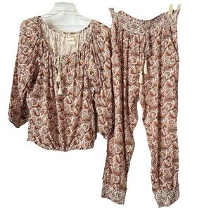 2 Piece Coord Denim & Supply Ralph Lauren Boho Red Paisley Top and Pants Small
